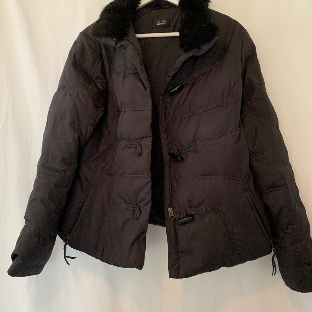 Vintage Steffen Schraut Black Goose Down Puffer Jacket with Detachable Fur Colla
